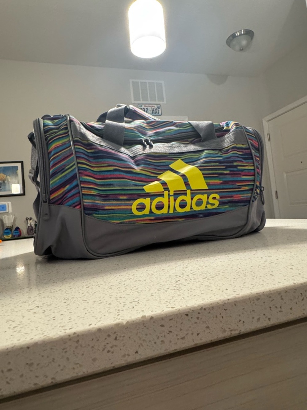 NWOT adidas Gray Multi-Stripe Duffel Bag with Yellow Logo
